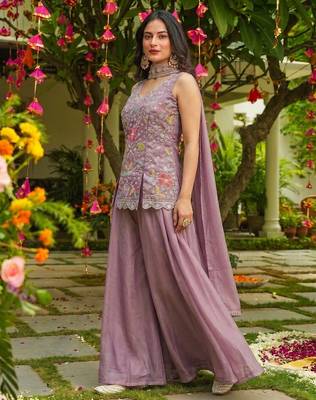 Lavender heavy embroidered cosmos silk kurta sharara set with beads work and dupatta 3