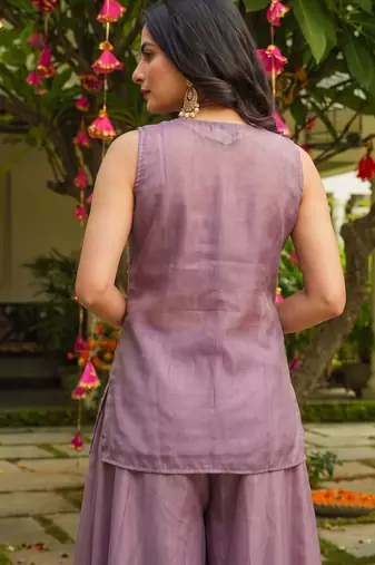 Lavender heavy embroidered cosmos silk kurta sharara set with beads work and dupatta