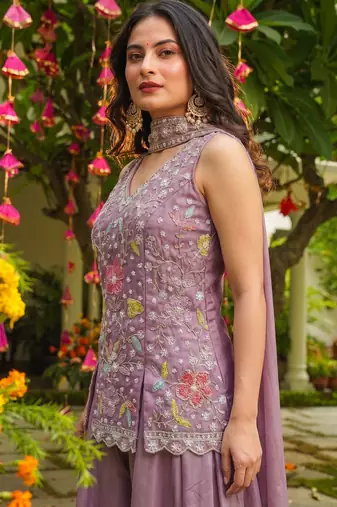 Lavender heavy embroidered cosmos silk kurta sharara set with beads work and dupatta