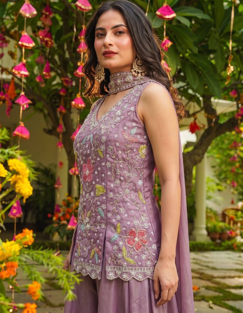 Lavender heavy embroidered cosmos silk kurta sharara set with beads work and dupatta