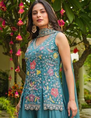 Firoji blue heavy embroidered cosmos silk kurta sharara set with beads work and dupatta 3