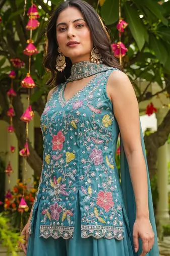 Firoji blue heavy embroidered cosmos silk kurta sharara set with beads work and dupatta