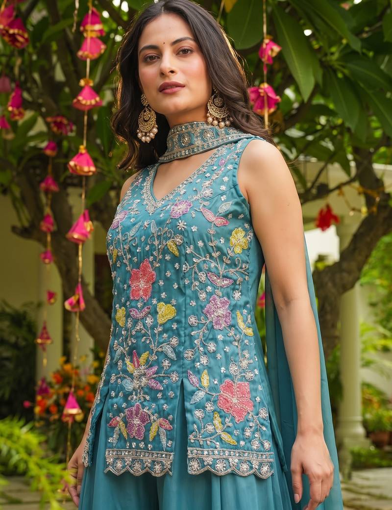 Firoji blue heavy embroidered cosmos silk kurta sharara set with beads work and dupatta