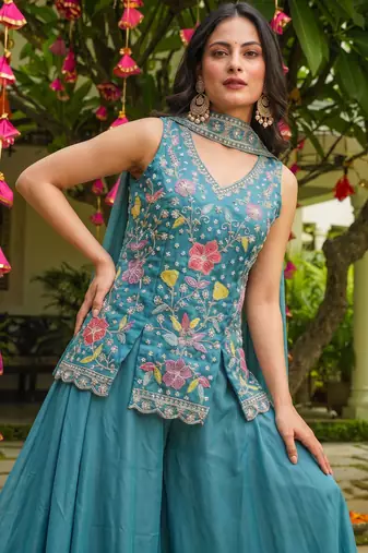 Firoji blue heavy embroidered cosmos silk kurta sharara set with beads work and dupatta