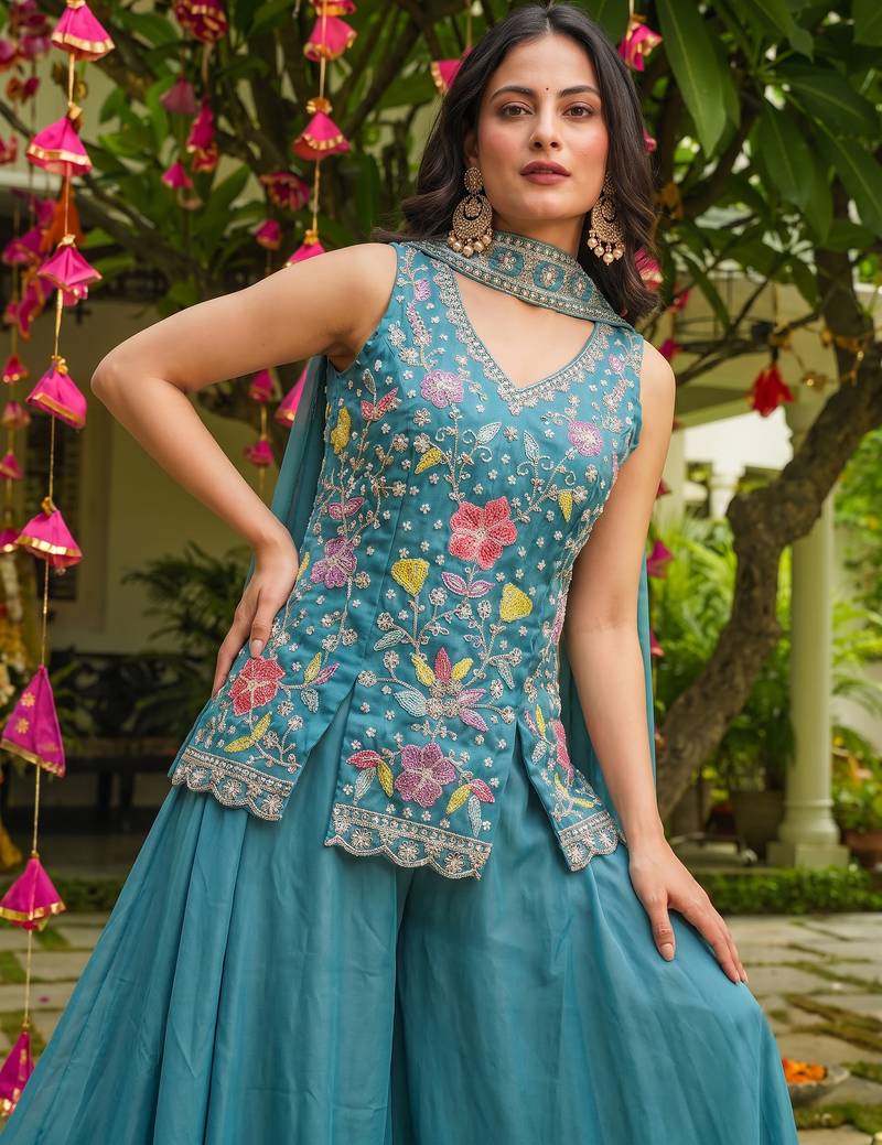 Firoji blue heavy embroidered cosmos silk kurta sharara set with beads work and dupatta