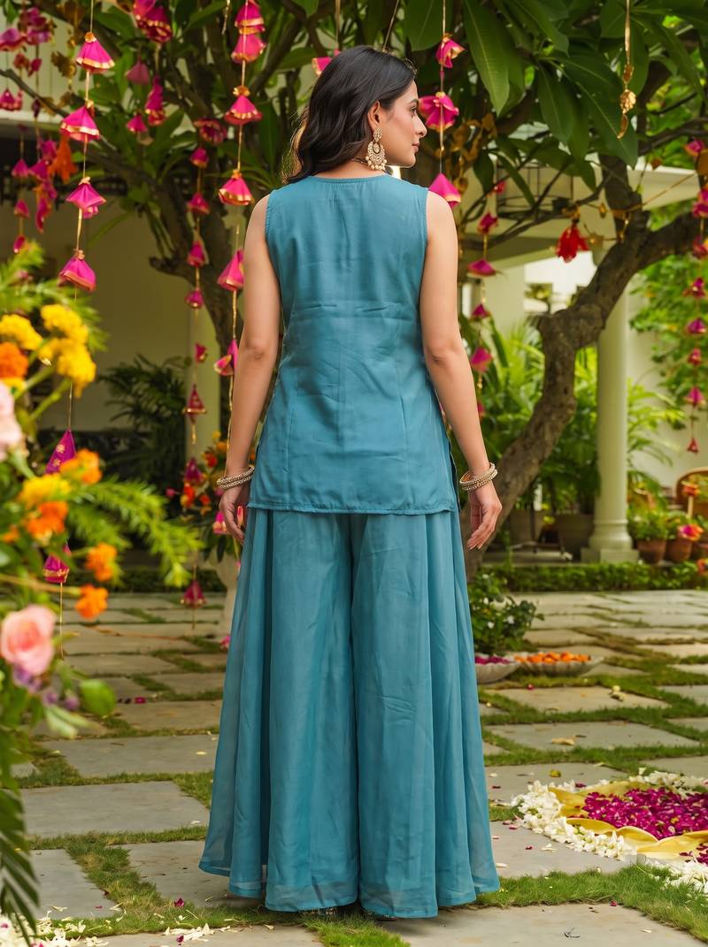 Firoji blue heavy embroidered cosmos silk kurta sharara set with beads work and dupatta