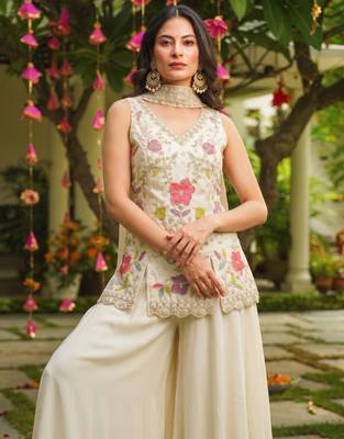 Off-white heavy embroidered cosmos silk kurta sharara set with beads work and dupatta 3