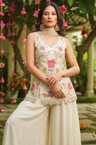 Off-white heavy embroidered cosmos silk kurta sharara set with beads work and dupatta