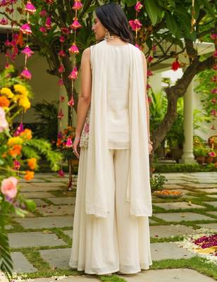 Off-white heavy embroidered cosmos silk kurta sharara set with beads work and dupatta 4