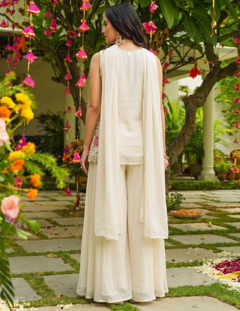 Off-white heavy embroidered cosmos silk kurta sharara set with beads work and dupatta