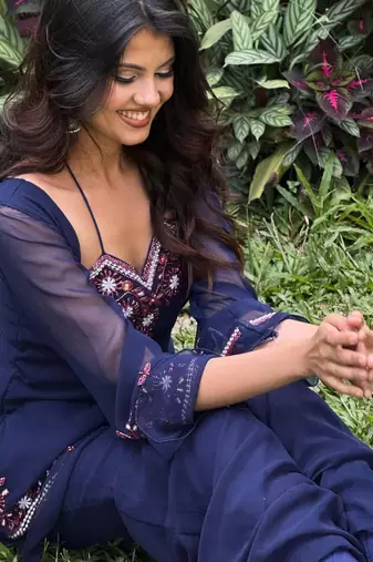 Blue embroidered georgette kurta palazzo set