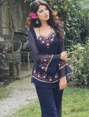 Blue embroidered georgette kurta palazzo set 5