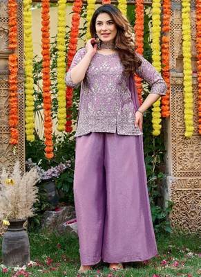 Lavender embroidered chinon kurta pant set with embroidered chinon dupatta 1