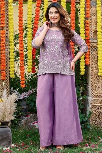 Lavender embroidered chinon kurta pant set with embroidered chinon dupatta