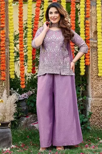 Lavender embroidered chinon kurta pant set with embroidered chinon dupatta