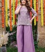 Lavender embroidered chinon kurta pant set with embroidered chinon dupatta