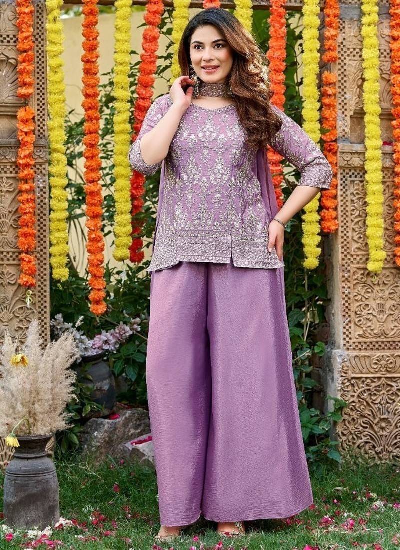 Lavender embroidered chinon kurta pant set with embroidered chinon dupatta