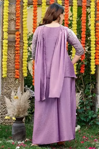 Lavender embroidered chinon kurta pant set with embroidered chinon dupatta