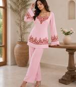 Pink embroidered georgette kurta palazzo set