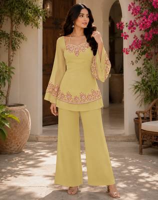 Yellow embroidered georgette kurta palazzo set 1