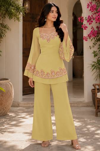 Yellow embroidered georgette kurta palazzo set