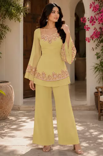 Yellow embroidered georgette kurta palazzo set