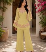 Yellow embroidered georgette kurta palazzo set