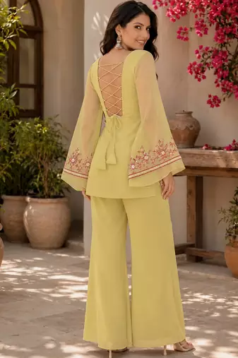 Yellow embroidered georgette kurta palazzo set