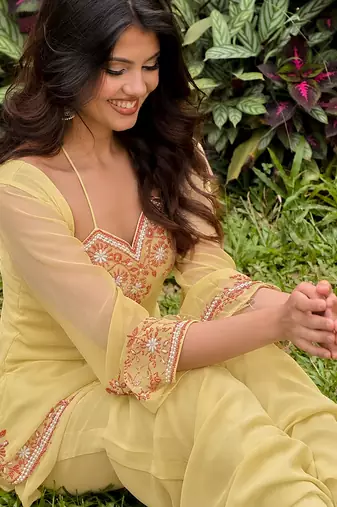 Yellow embroidered georgette kurta palazzo set