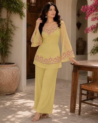 Yellow embroidered georgette kurta palazzo set 4