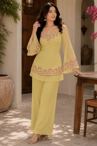 Yellow embroidered georgette kurta palazzo set