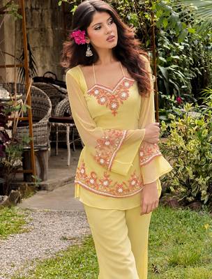 Yellow embroidered georgette kurta palazzo set 5