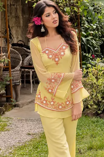 Yellow embroidered georgette kurta palazzo set