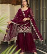 Wine embroidered fendy satin short kurta sharara set with beads work and dupatta
