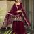 Wine embroidered fendy satin short kurta sharara set with beads work and dupatta