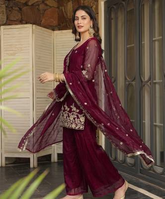 Wine embroidered fendy satin short kurta sharara set with beads work and dupatta 2