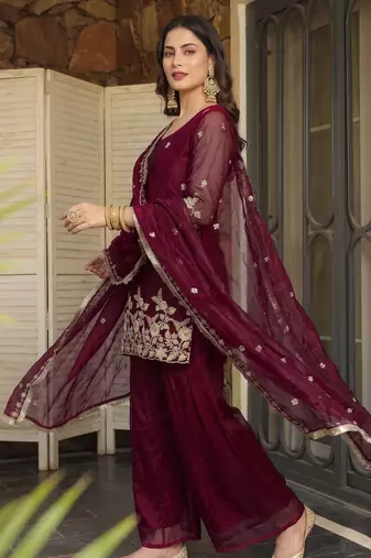 Wine embroidered fendy satin short kurta sharara set with beads work and dupatta