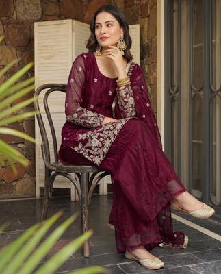 Wine embroidered fendy satin short kurta sharara set with beads work and dupatta 3