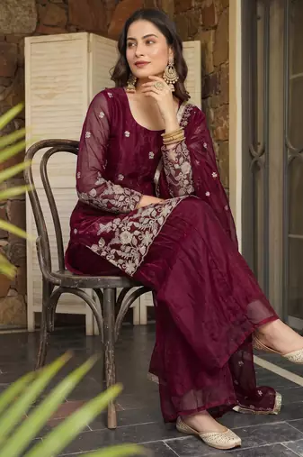 Wine embroidered fendy satin short kurta sharara set with beads work and dupatta