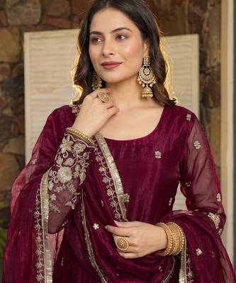 Wine embroidered fendy satin short kurta sharara set with beads work and dupatta 4