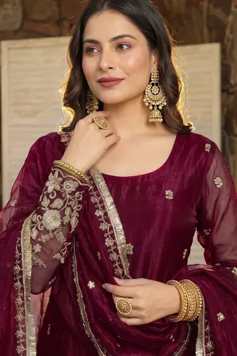 Wine embroidered fendy satin short kurta sharara set with beads work and dupatta