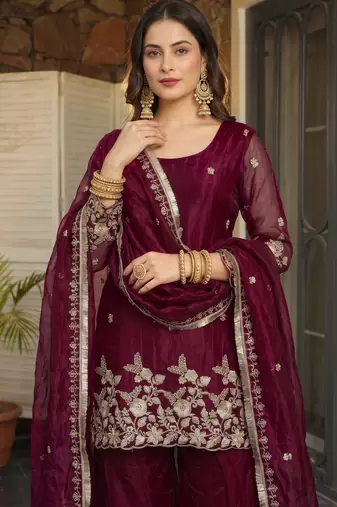 Wine embroidered fendy satin short kurta sharara set with beads work and dupatta