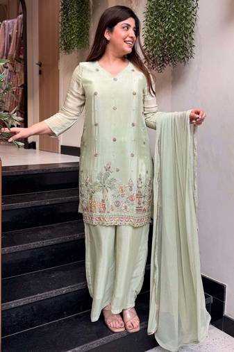 Mint green embroidered crepe short kurta palazzo set with nazmin dupatta