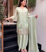 Mint green embroidered crepe short kurta palazzo set with nazmin dupatta