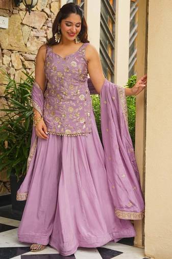 Purple embroidered kajo silk kurta palazzo set with embroidered kajo silk dupatta