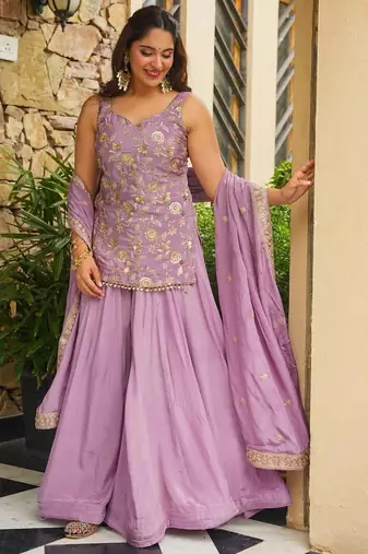 Purple embroidered kajo silk kurta palazzo set with embroidered kajo silk dupatta