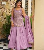 Purple embroidered kajo silk kurta palazzo set with embroidered kajo silk dupatta