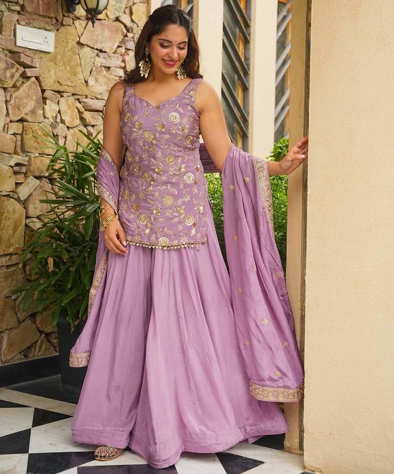 Purple embroidered kajo silk kurta palazzo set with embroidered kajo silk dupatta