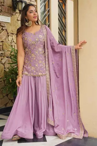 Purple embroidered kajo silk kurta palazzo set with embroidered kajo silk dupatta