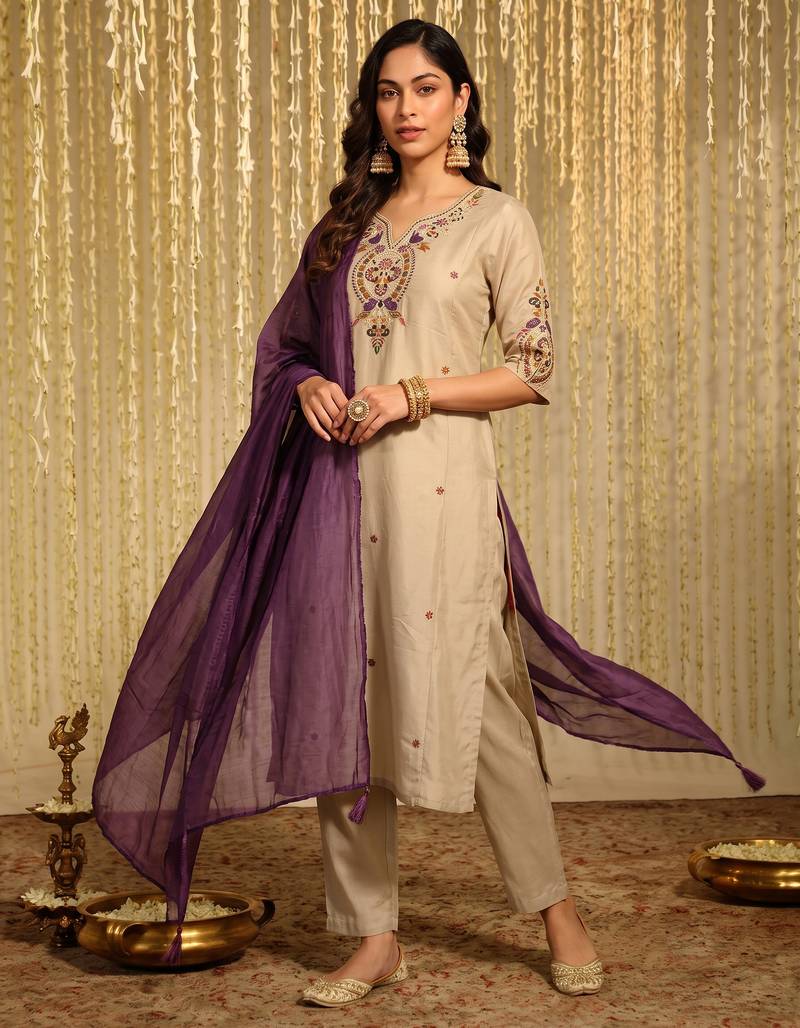 Beige & purple embroidered chanderi straight kurta pant set with embroidered taby dupatta